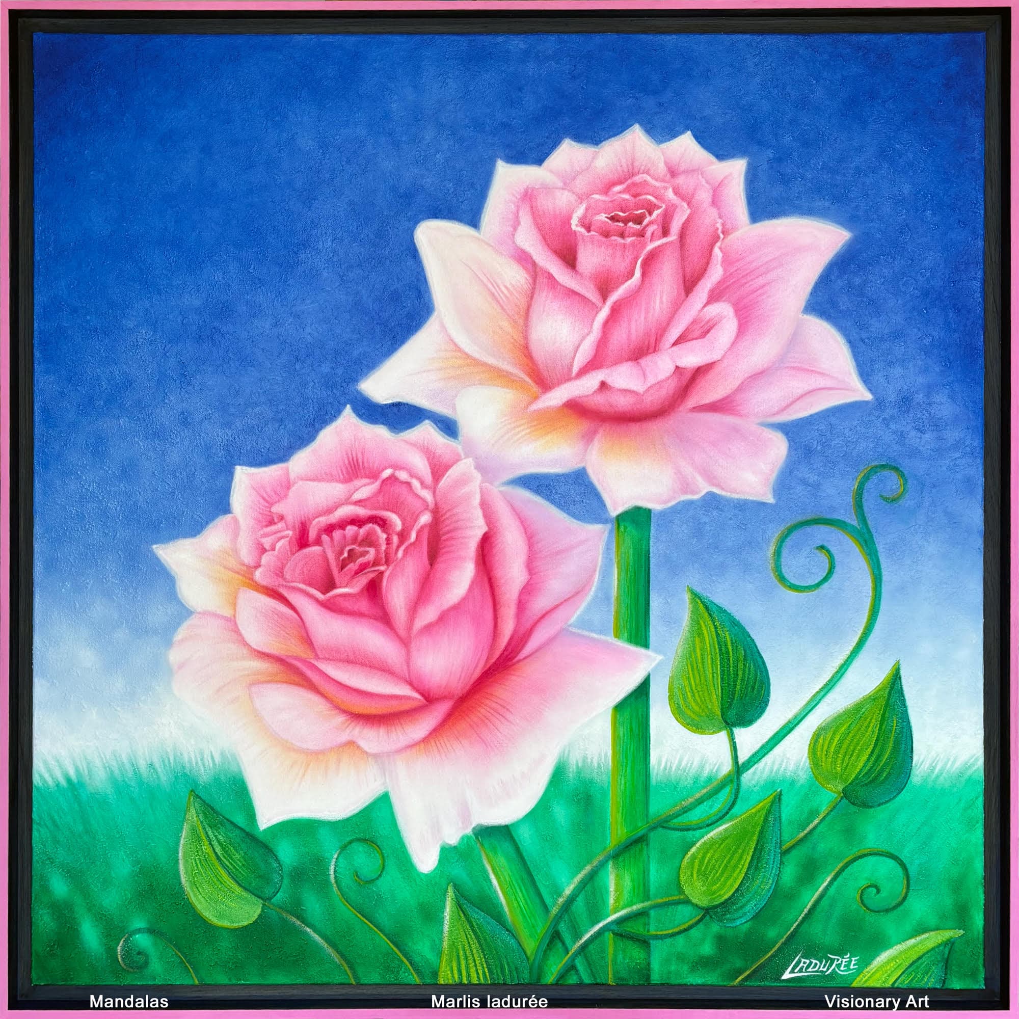 Rose de l'Amour — mandala floral de Marlis Ladurée, peinture à l'huile en glacis, mosaïque et perles